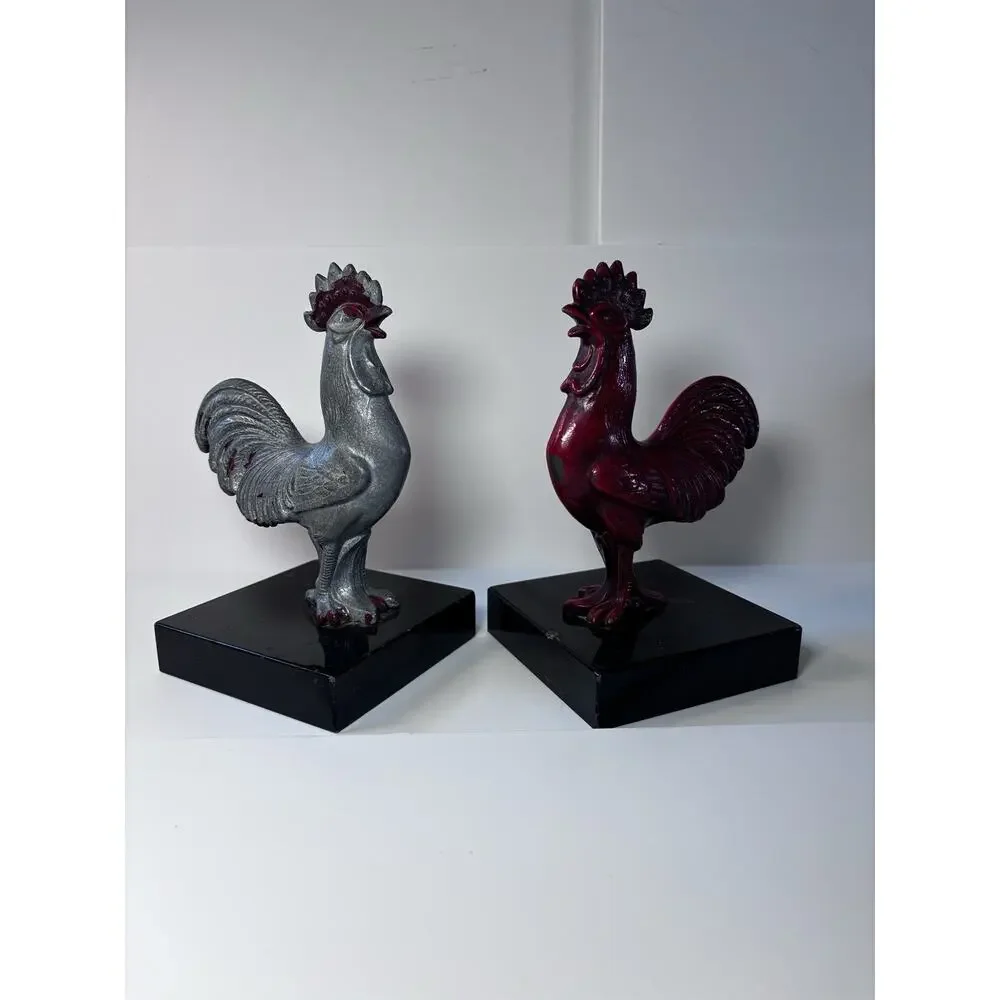 Vintage Rooster Bookends Red Silver Farmhouse French Country Kitchen Decor Heavy